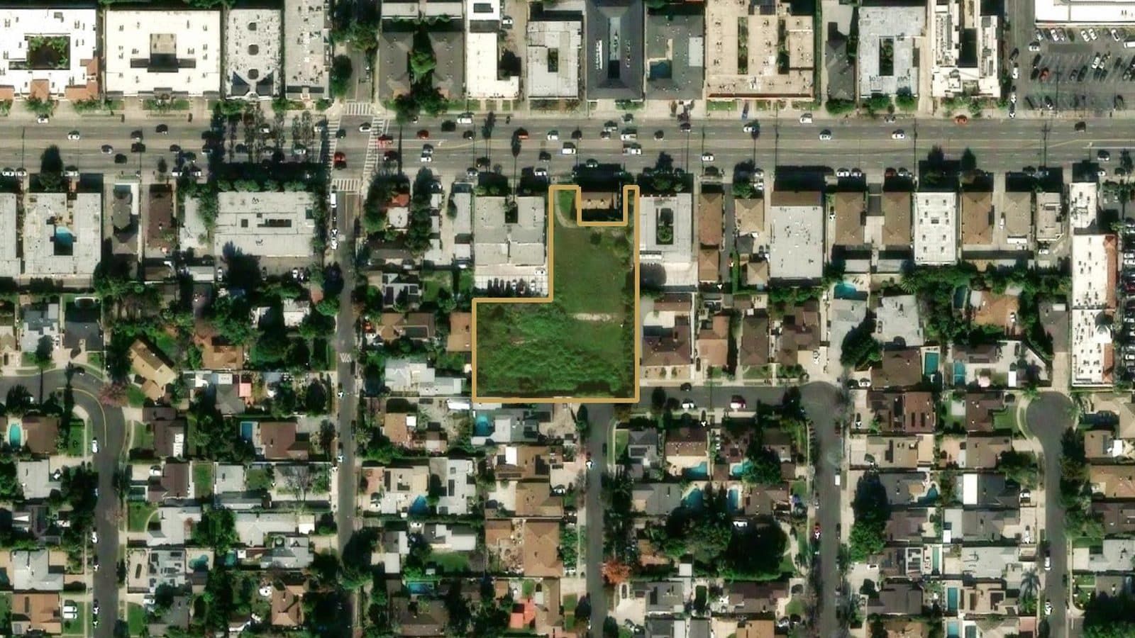 Subject parcel outlined from above, Sherman Way at the top