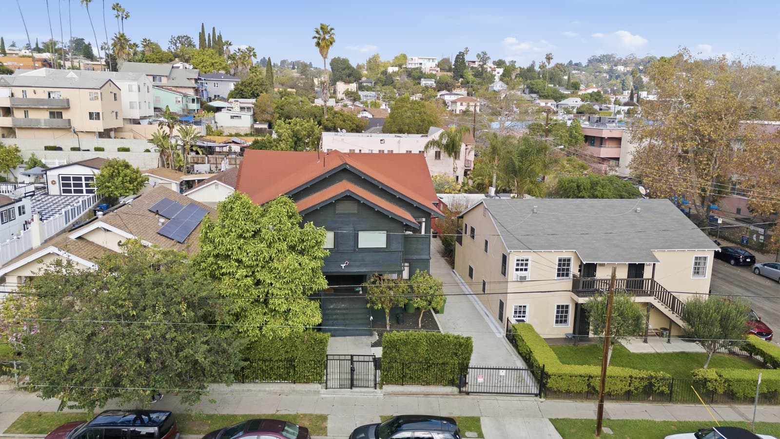 Aerial view of the property and its Echo Park block
