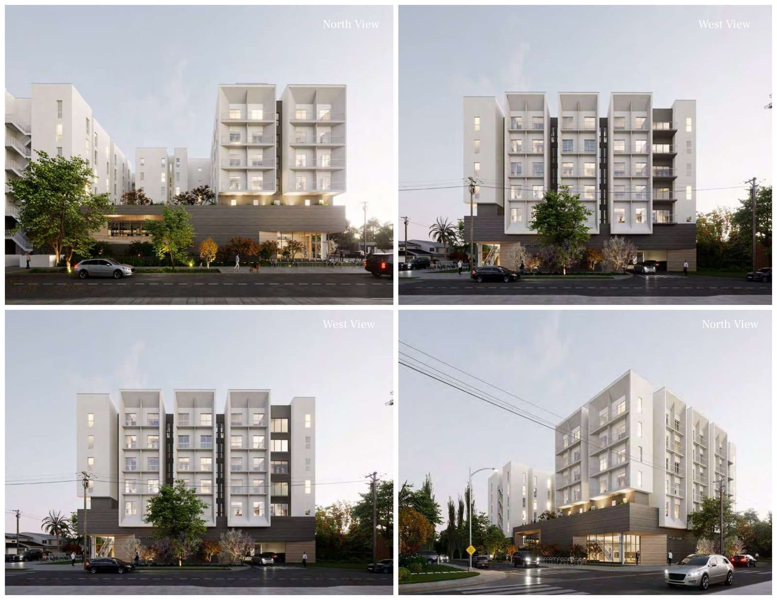 Rendering board with north and west elevations of the proposed development
