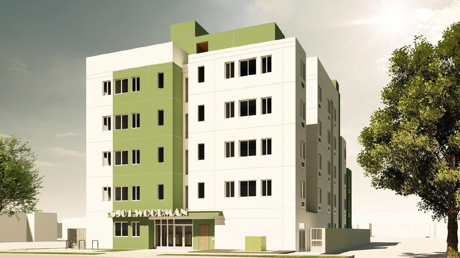 Rendering of the approved 55 unit affordable development at 6901 Woodman Avenue