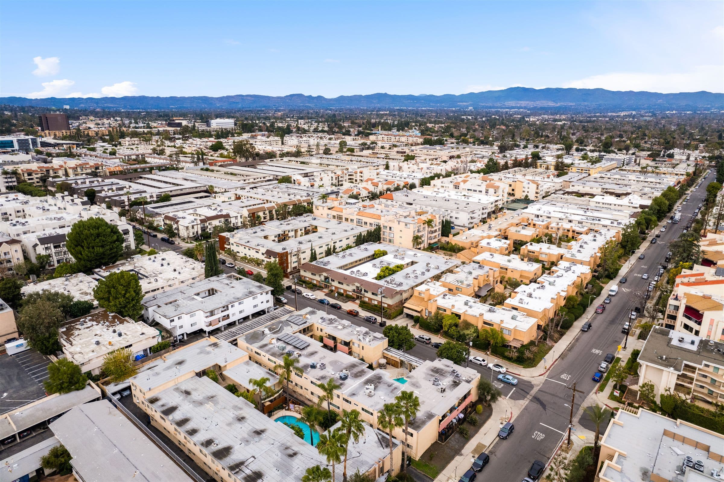 Aerial view of Los Angeles apartment buildings in the San Fernando Valley