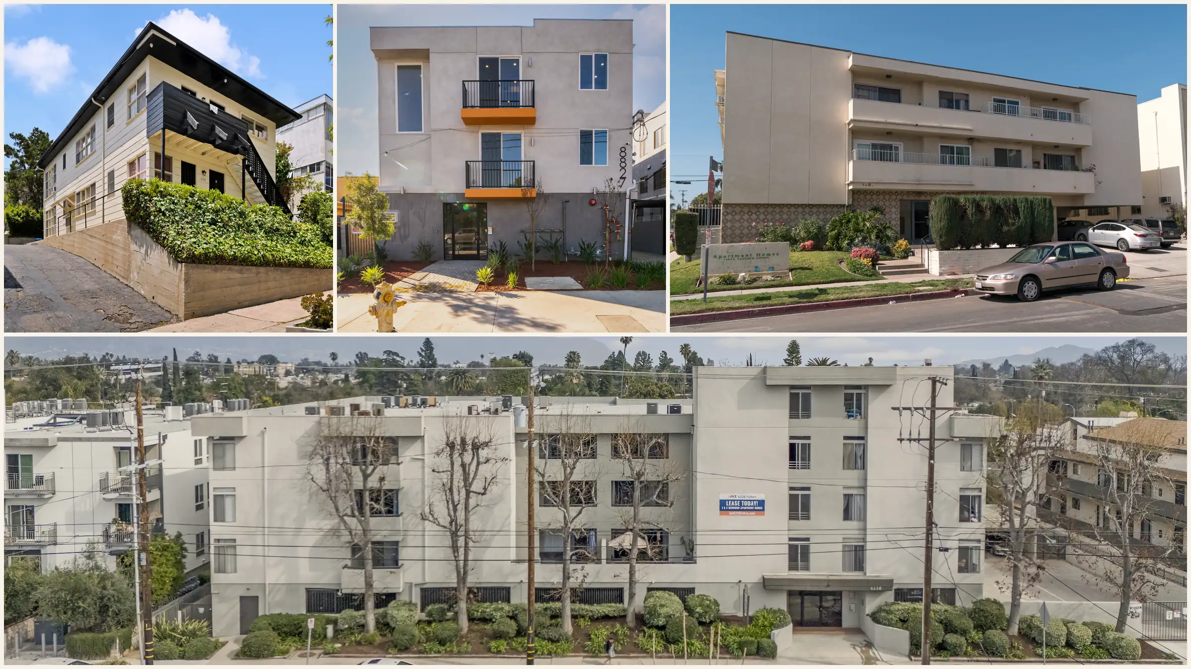 Four Los Angeles apartment buildings the LAAA Team has sold: a two-story wood-sided building on a hillside lot, a new three-story stucco building with orange balcony accents, a three-story stucco building with long balconies over parking, and a four-story stucco building behind a row of street trees.